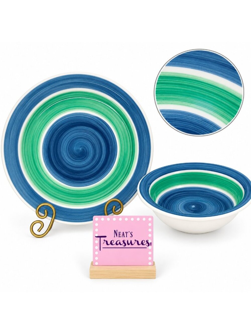 Natural Trends GREEN BLUE BANDS SWRIL Patten Stoneware Dinner Plate & Bowl Set
